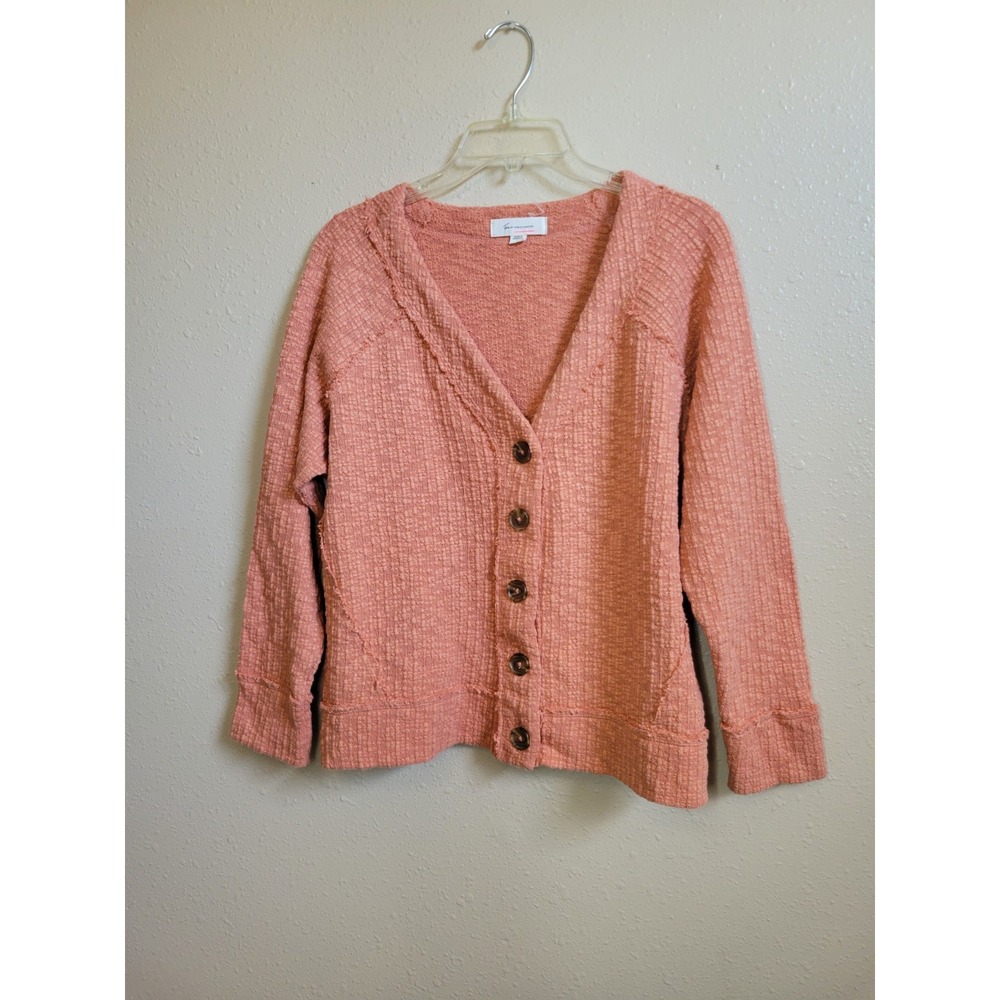 Two by Vince Camuto Peach Pink Vneck Button Up Top Blouse Textured Sz L‎